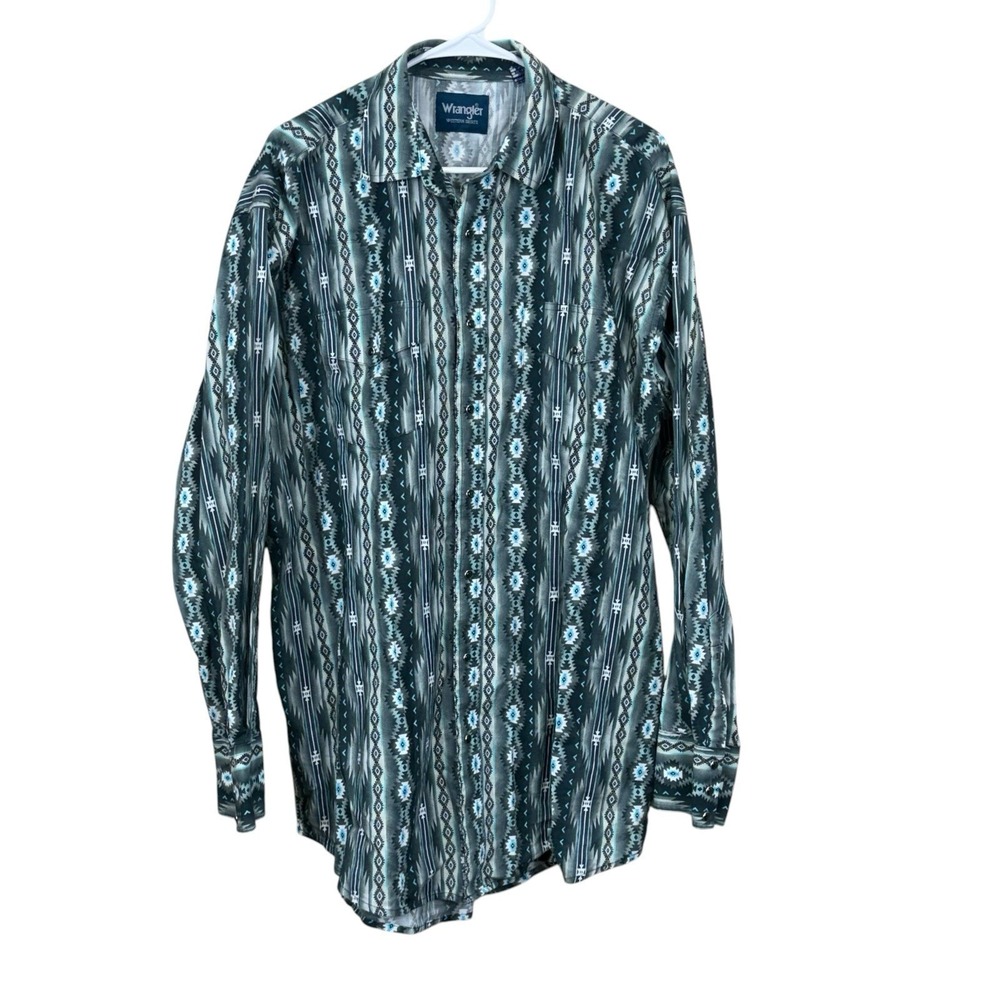 Wrangler Western Shirt Mens XLT Aztec Turquoise Grey Pearl Snap Cotton 112318602